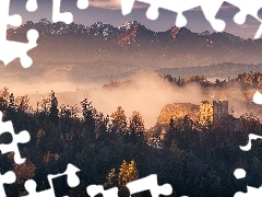 Zamek, GĂłry, Drzewa, Tatry, JesieĹ, Czorsztyn, Polska, MgĹa
