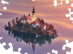 Blejski Otok, Jezioro Bled, Domy, Wyspa, SĹowenia, KoĹciĂłĹ, Drzewa