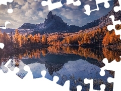 Góry, Jesień, Jezioro, Lago Federa, Trawa, Włochy, Drzewa