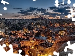 SkaĹy, OĹwietlone, Kapadocja, Domy, Miasto Goreme, Park Narodowy Goreme, Turcja