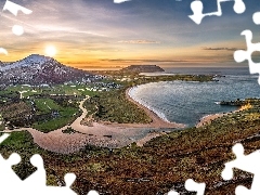 Tullagh Bay, Hrabstwo Donegal, Morze, WzgĂłrza, WybrzeĹźe, Irlandia, Clonmany, Zatoka, ZachĂłd sĹoĹca, Zatoka