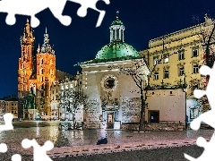 Bazylika Mariacka, KrakĂłw, Noc, Rynek, Polska, KoĹciĂłĹ ĹwiÄtego Wojciecha, Kamienice