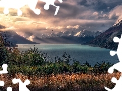 Jezioro, Patagonia, MgĹa, GĂłry, Argentyna, JesieĹ, 