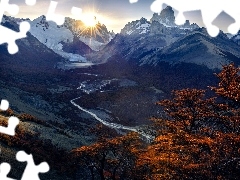 GĂłry, Andy, Drzewa, Rzeka, JesieĹ, Patagonia, Argentyn