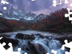 SkaĹy, Patagonia, Kordyliery, Drzewa, Fitz Roy, Argentyna, GĂłry, Chmury, JesieĹ, Rzeka