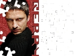 jasne włosy, czarna koszulka, Gerard Butler