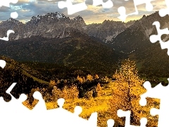 GĂłry, JesieĹ, Dolomity, Drzewa, Tyrol, WĹochy, Modr