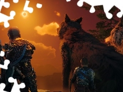 Kratos, God of War Ragnarok, Wilki, Postaci, Gra, Atreus, ZaÄmienie sĹoĹca