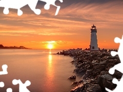 WschĂłd sĹoĹca, Latarnia morska, Kamienie, Stan Kalifornia, Brzeg, Morze, Walton Lighthouse, Stany Zjednoczone, Santa Cruz, Chmury