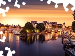 Rzeka Sekwana, Most Pont Neuf, ĹwiatĹa, Domy, Drzewa, ParyĹź, Francja, Ĺodzie