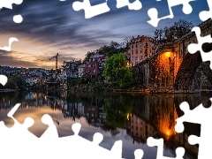 Most, Rzeka Tamega, Domy, Drzewa, Amarante, Portugalia, Noc,
