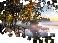 Staw, Park, Mostek, Drzewa, Poranek, JesieĹ, Niebo, Odbic