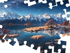 Gwiazdy, Grafika, Jezioro, Spadajace, GĂłry
