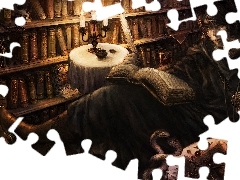 KsiÄĹźki, Grafika, Stolik, Ĺwiece, MÄĹźczyzna, Biblioteka