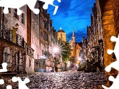 OĹwietlona, GdaĹsk, Kamienice, Drzewa, Domy, Polska, U