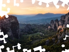 Meteora, Grecja, SkaĹy, Klasztor, ZachĂłd sĹoĹca, GĂłry