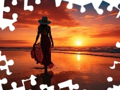 Kobieta, ZachĂłd sĹoĹca, PlaĹźa, Morze