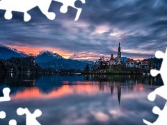 Jezioro Bled, GĂłry, Chmury, Wyspa Blejski Otok, SĹowen