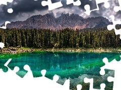 Dolomity, Jezioro, Drzewa, Lago di Carezza, Chmury, GĂłry, WĹochy, Karersee