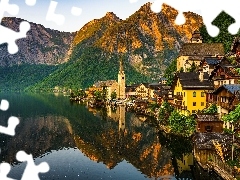 GĂłry, Jezioro, Odbicie, Domy, Drzewa, Hallstatt, Austria,
