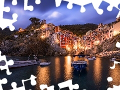 WĹochy, ĹĂłdki, Zmrok, Domy, ĹwiatĹa, Cinque Terre, Riomaggiore, GĂłry