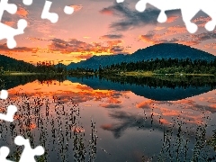 Kolorowe, Niebo, GĂłry, ZachĂłd sĹoĹca, Jezioro