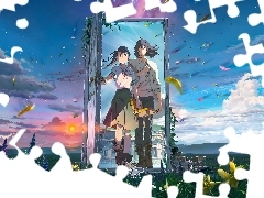 Postacie, Film animowany, Ĺubin, Suzume Iwato, ChĹopak, Dziewczyna, Daijin, KrzeseĹko, Anime, Kot, Drzwi, Souta Munakata, Niebo, Suzume, ĹÄka, Kwiaty, Lilie