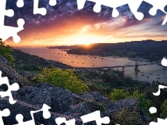Krzewy, Rzeka, Vigo, ZachĂłd sĹoĹca, Most, GĂłry, 