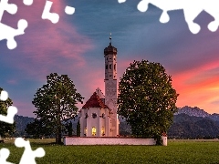 Bawaria, Niemcy, Schwangau, Góra, Niebo, Zachód słońca, 