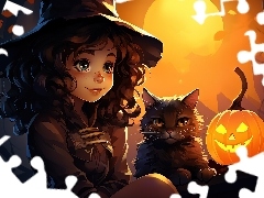 Czarownica, Halloween, Dynia, Grafika, Kot, MaĹa