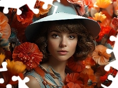 Dziewczyna, Kwiaty, Grafika, Kapelusz