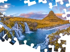Chmury, Islandia, Rzeka, Wodospad Kirkjufellsfoss, GĂłra Kirkjufell