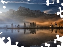 MgĹa, GĂłry, WschĂłd sĹoĹca, Jezioro, Odbicie,