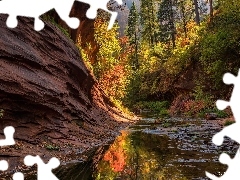 Arizona, Stany Zjednoczone, SkaĹy, JesieĹ, Rzeka, Sedona, West Fork Oak Creek, Drzewa