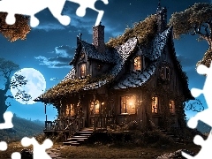 Drzewa, Magiczny, KsiÄĹźyc, 2D, Noc, Dom
