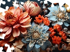 Kolorowe, Grafika, Pomarańczowe, Niebieskie, Kwiaty
