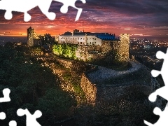 Zachód słońca, Chmury, Zamek Palmela, Drzewa, Portugalia