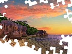 Wyspa, Seszele, La Digue, Morze, Drzewa, Zachód słońca, Anse Source dArgent, Skały, Plaża