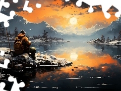 Mężczyzna, Jezioro, Grafika, Góry, Zima, Zachód słońca, 2D