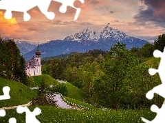 Alpy Salzburskie, Sanktuarium Maria Gern, Lasy, Bawaria, Droga, Kościół, Drzewa, Niemcy, Berchtesgaden, Góry
