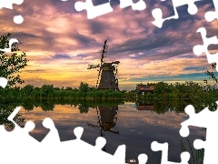 Rzeka, Wiatrak, Kinderdijk, Dom, Zachód słońca, Kanał, Holandia