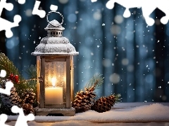 Świerk, Zima, Dekoracja, Grafika, Szyszki, Lampion