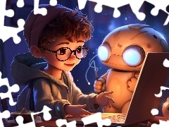 Biurko, Bluza, Grafika, Czapka, Robot, Chłopiec, Dziecko, O