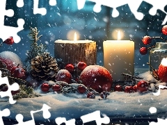 Świece, Kompozycja, Szyszki, Boże Narodzenie, Grafika, Bombki, Śnieg