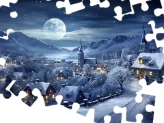 Domy, Noc, Księżyc, Miasteczko, Zima, Góry, 2D