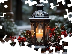Świeca, Śnieg, Dekoracja, Noc, Gałązki, Lampion