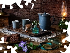 Kubki, Lampa, Książka, Dzbanek, Kompozycja, Kwiaty, Ciasto