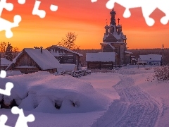 Cerkiew, Wschód słońca, Drewniane, Domy, Region archangie