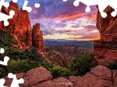 Skały, Stany Zjednoczone, Zachód słońca, Drzewa, Sedona,