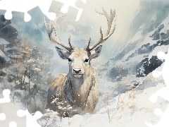 Śnieg, Grafika, Zima, Góry, Jeleń